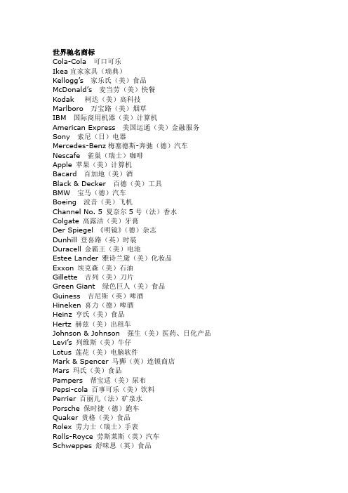 精选世界驰名商标中英文对照资料