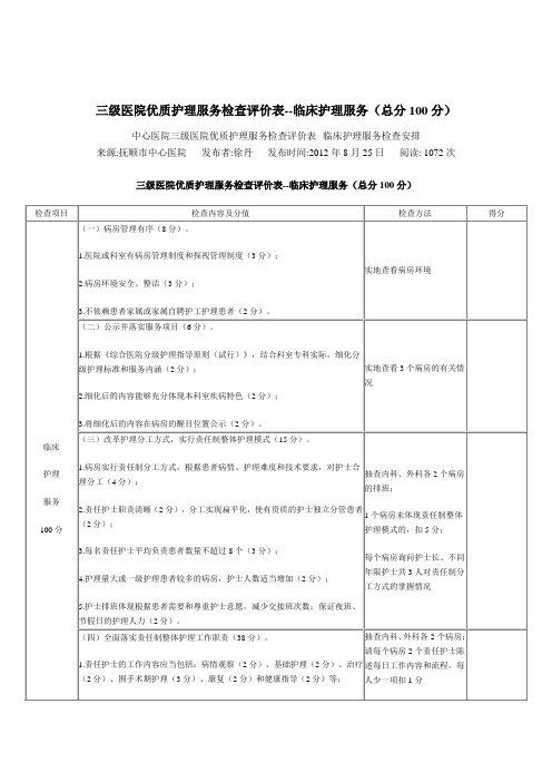 三级医院优质护理服务检查评价表