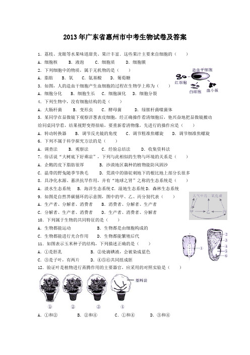 2013年广东省惠州市中考生物试卷及答案