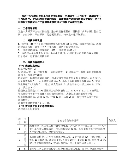 职业学校班主任工作绩效考核细则