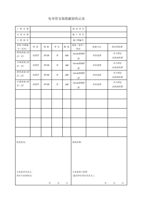 电气工程电导管安装隐蔽记录表