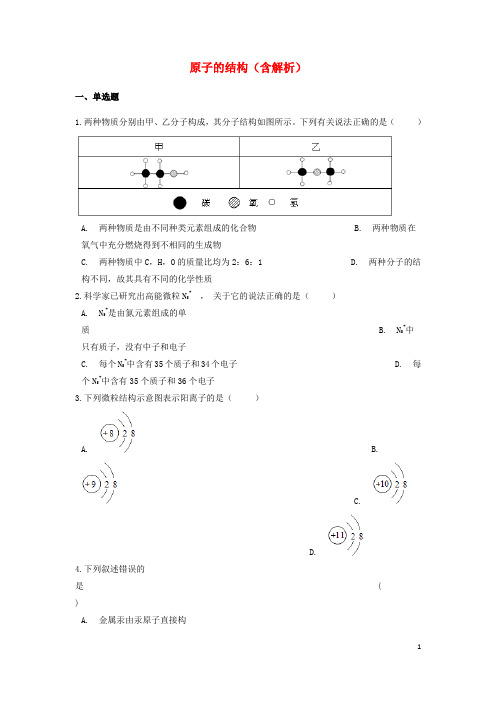 中考化学专题练习原子的结构(含解析)