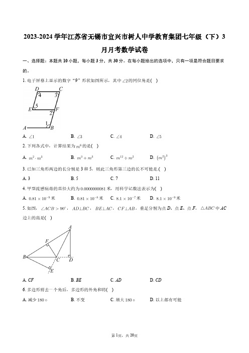 2023-2024学年江苏省无锡市宜兴市树人中学教育集团七年级(下)3月月考数学试卷+答案解析