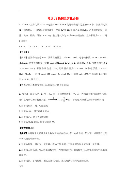 2013年高考化学 试题分类解析 考点12 铁铜及其化合物
