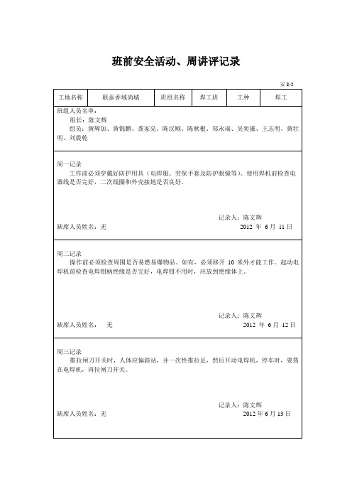 班组安全活动记录——电焊工(一个月)(文档中日期相同但内容有异)