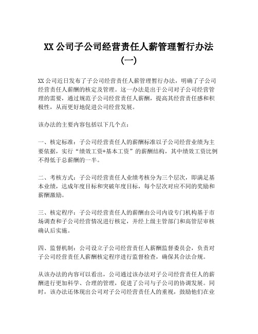 XX公司子公司经营责任人薪管理暂行办法(一)