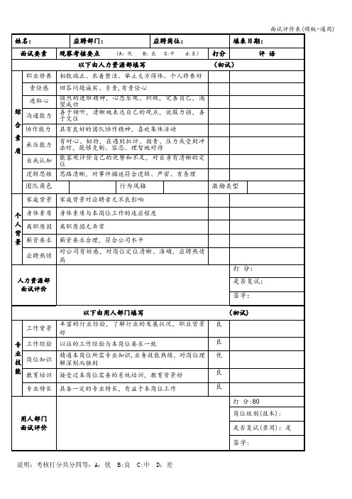 面试评价表(模板-通用)