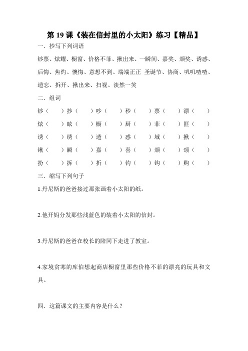 五年级上册语文练习试题-课文19 装在信封里的小太阳｜语文S版【精品】