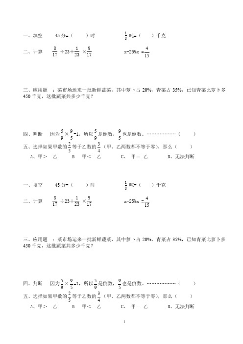 人教版六年级数学综合复习资料--每天五个一