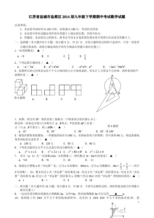 江苏省盐城市盐都区2014届九年级下学期期中考试数学试题