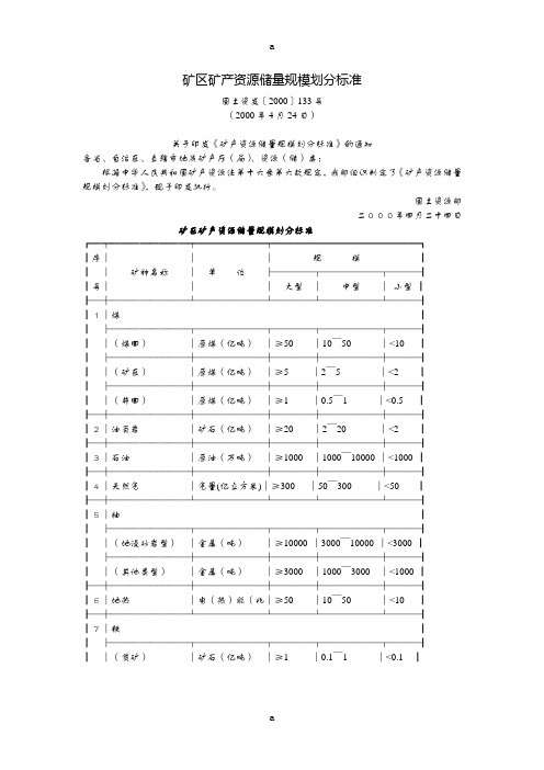 矿区矿产资源储量规模划分标准国土资发〔2000〕133号2000年4月24日