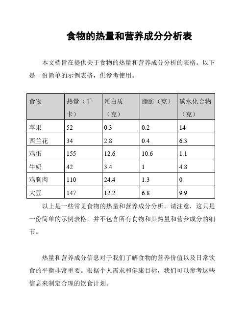 食物的热量和营养成分分析表