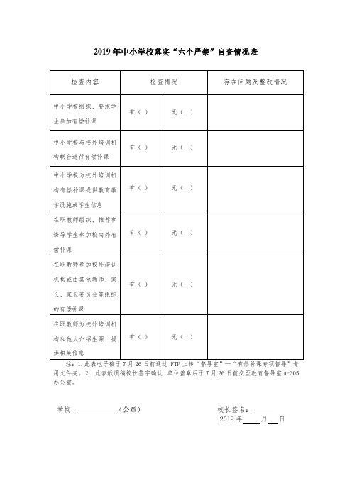 2019年中小学校落实六个严禁自查情况表