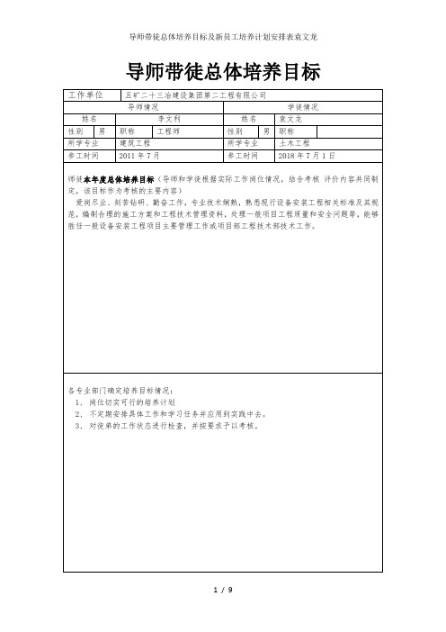 导师带徒总体培养目标及新员工培养计划安排表袁文龙