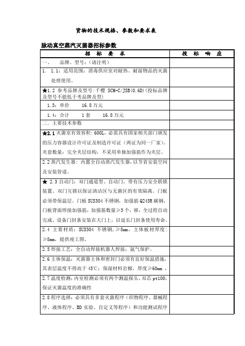 货物的技术规格参数和要求表