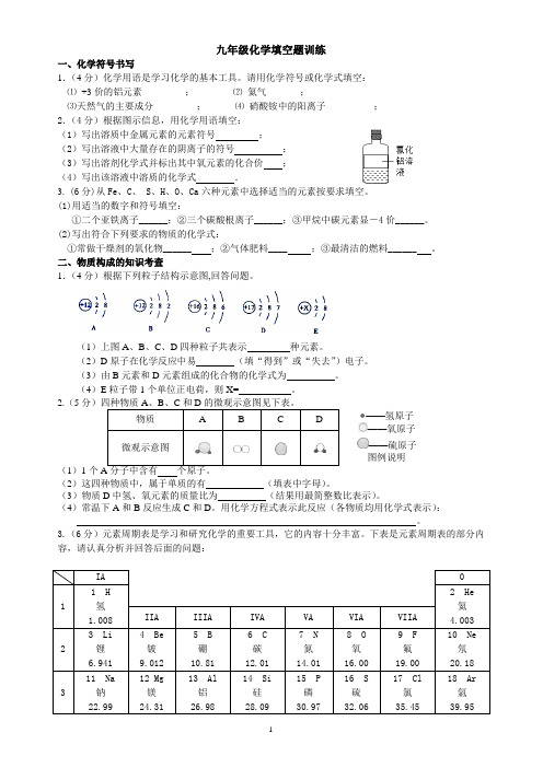 九年级化学填空题训练