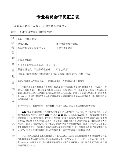 专业委员会评优汇总表