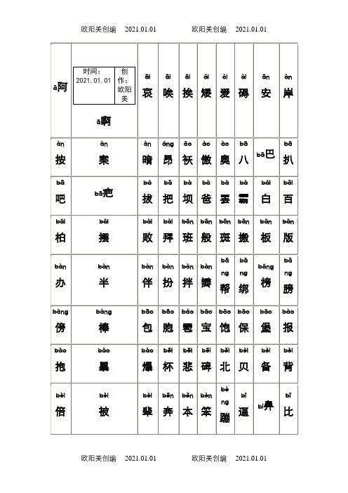 最全的普通话水平测试用常用汉字大全(含拼音)之欧阳美创编