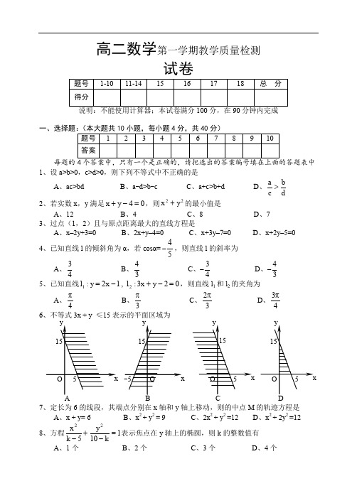 高二数学第一学期教学质量检测.doc