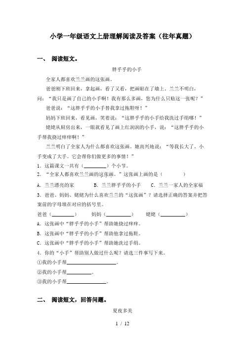 小学一年级语文上册理解阅读及答案(往年真题)