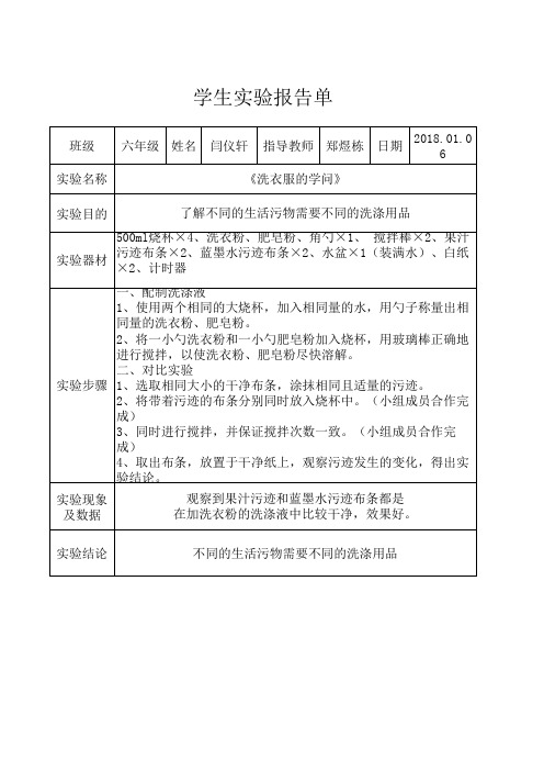 实验报告单《洗衣服的学问》