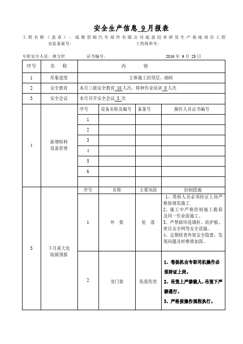 安全生产信息9月报表(项目部)