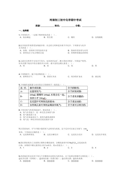 河南初三初中化学期中考试带答案解析
