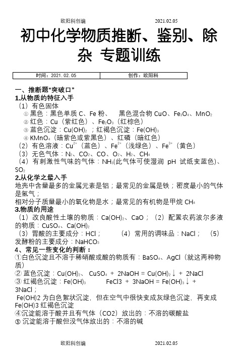 初中化学离子共存-物质鉴别分离-化学推断专题训练之欧阳科创编