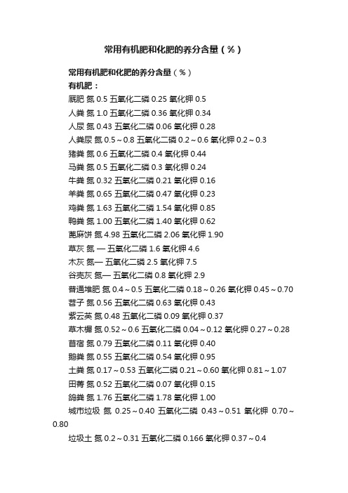 常用有机肥和化肥的养分含量（%）