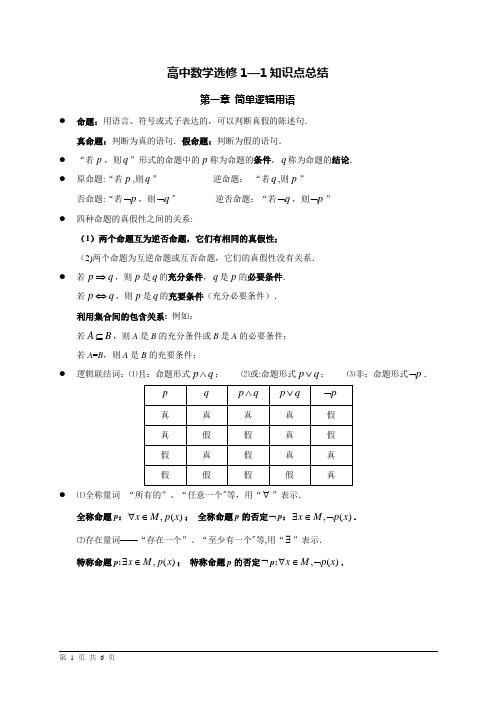 人教版高中数学选修1-1知识点总结