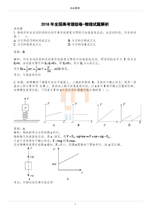 2018年高考物理+答案详解