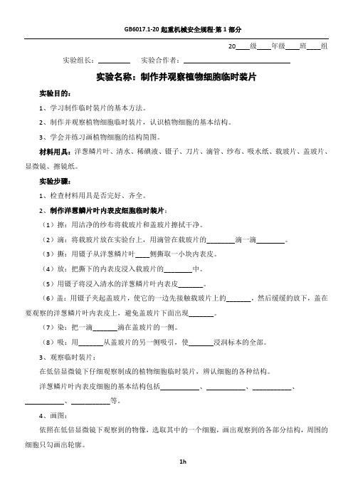 实验报告单：制作并观察植物细胞临时装片