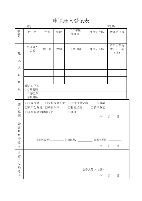 申请户口迁入登记表