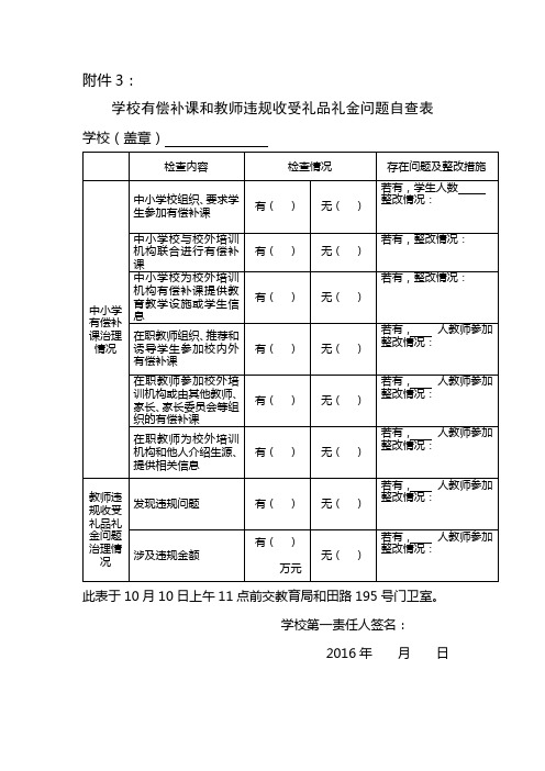 学校有偿补课和教师违规收受礼品礼金问题自查表【模板】