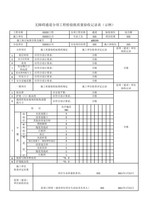 无障碍通道分项工程检验批质量验收记录表(示例)