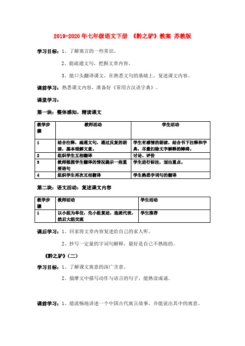 2019-2020年七年级语文下册 《黔之驴》教案 苏教版