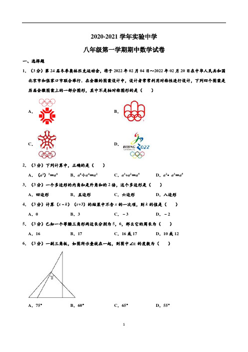 2020-2021学年实验中学八年级上学期期中数学试卷及解析