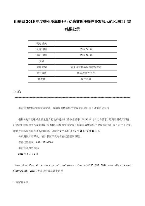 山东省2019年度蜂业质量提升行动高效优质蜂产业发展示范区项目评审结果公示-