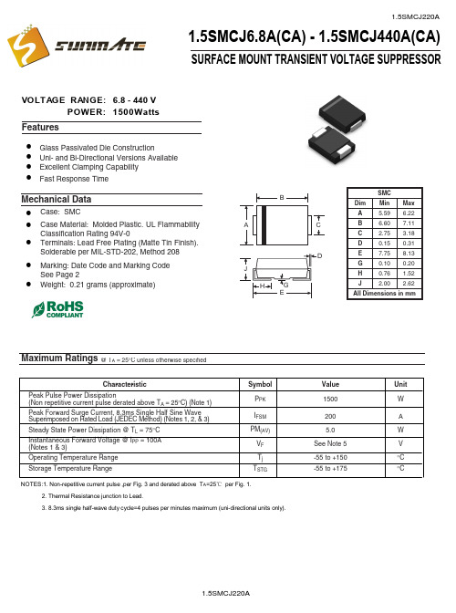 1.5SMCJ220A,1500WTVS瞬变抑制二极管中文资料