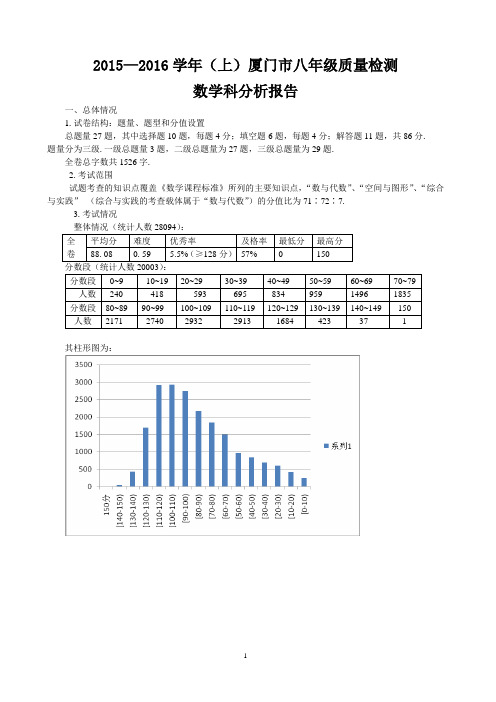 2015-2016学年(上)厦门市八年级质量检测数学质量分析报告