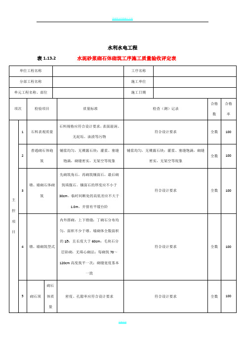 水泥砂浆砌石体砌筑工序施工质量验收评定表(范表)