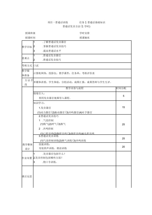 普通话与幼儿教师口语课程教案项目一 普通话训练：普通话发音方法课程教案