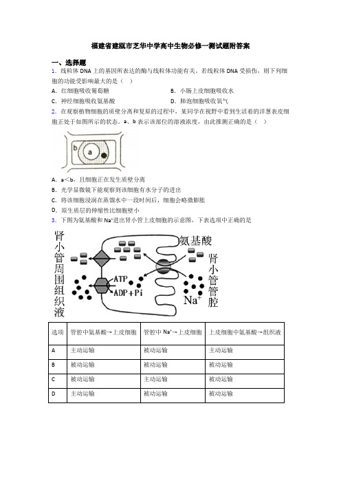 福建省建瓯市芝华中学高中生物必修一测试题附答案