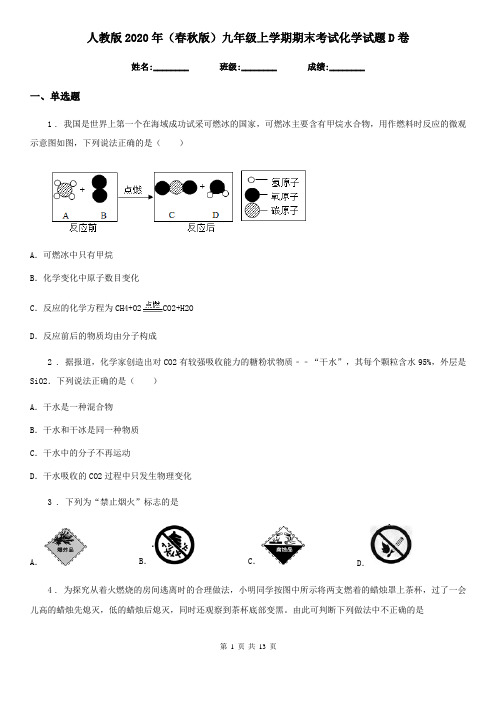 人教版2020年(春秋版)九年级上学期期末考试化学试题D卷(测试)