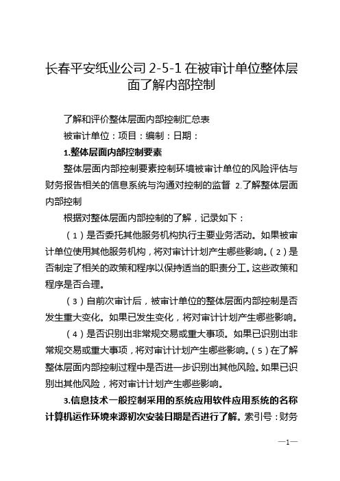 长春平安纸业公司2-5-1在被审计单位整体层面了解内部控制