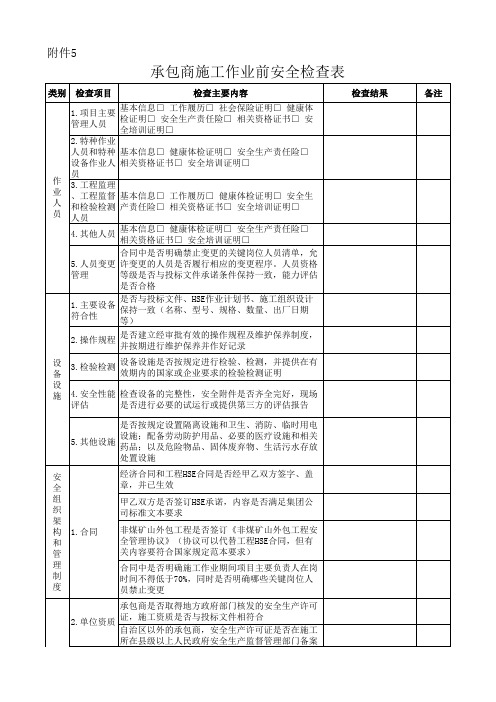 承包商施工前安全检查表