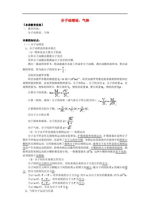 高考物理第一轮复习 专题 分子动理论、气体学案 鲁科版