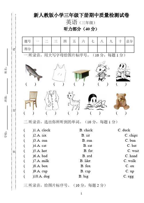 新人教版小学三年级下册期中检测试卷