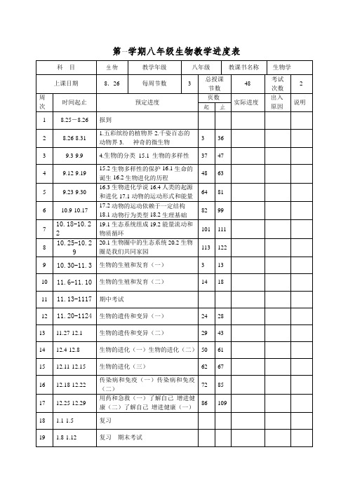 八年级生物进度计划表