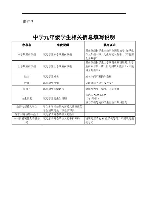 中学九年级学生相关信息填写说明 